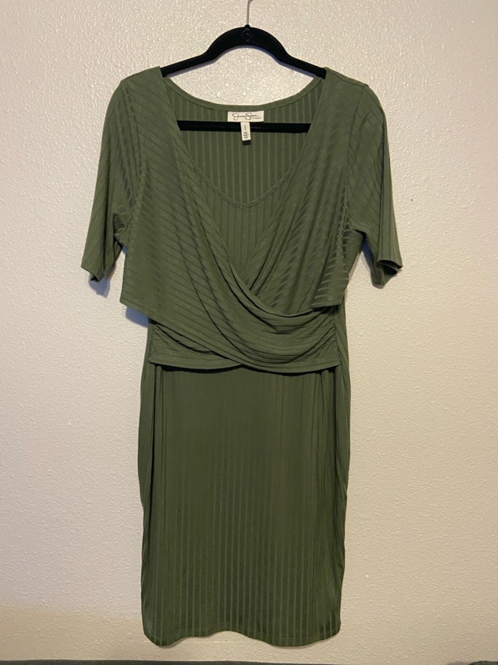 Maternity Olive Green Ribbed Wrap-Front Dress, Size Large